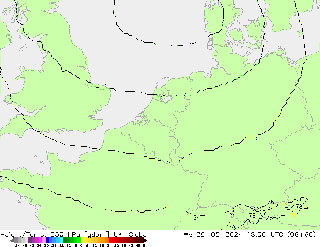 Height/Temp. 950 hPa UK-Global St 29.05.2024 18 UTC