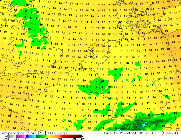 Temperature (2m) UK-Global Tu 28.05.2024 06 UTC