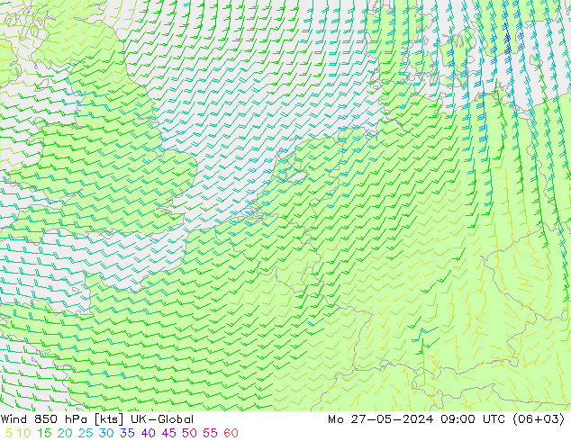 wiatr 850 hPa UK-Global pon. 27.05.2024 09 UTC