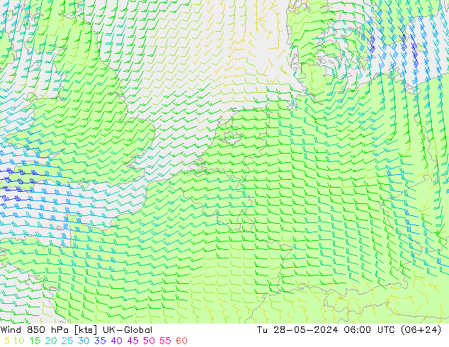 wiatr 850 hPa UK-Global wto. 28.05.2024 06 UTC