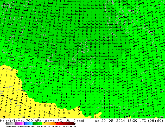 Geop./Temp. 700 hPa UK-Global mié 29.05.2024 18 UTC