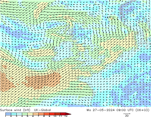Vento 10 m (bft) UK-Global Seg 27.05.2024 09 UTC