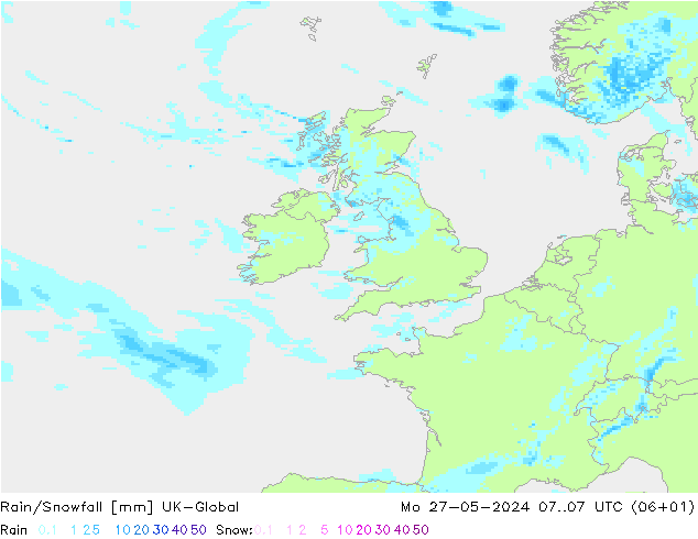 Rain/Snowfall UK-Global lun 27.05.2024 07 UTC