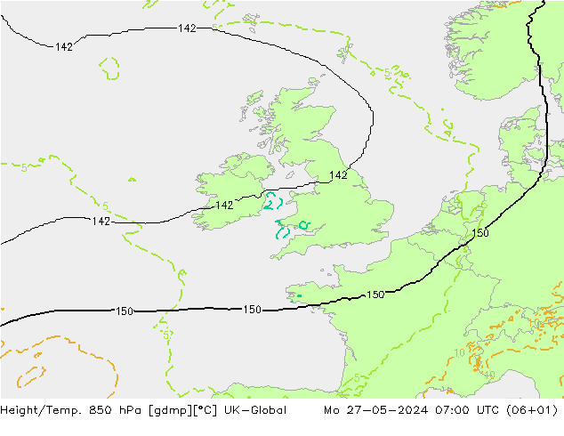 Height/Temp. 850 hPa UK-Global Mo 27.05.2024 07 UTC