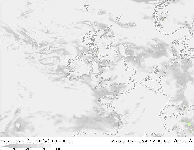 Cloud cover (total) UK-Global Mo 27.05.2024 12 UTC