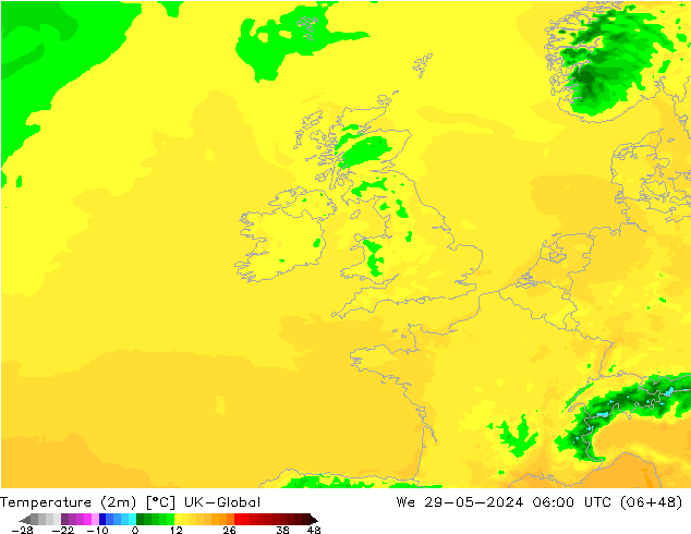 Temperatuurkaart (2m) UK-Global wo 29.05.2024 06 UTC