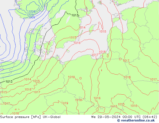 Pressione al suolo UK-Global mer 29.05.2024 00 UTC