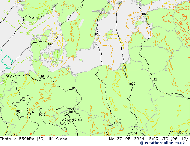 Theta-e 850hPa UK-Global Po 27.05.2024 18 UTC