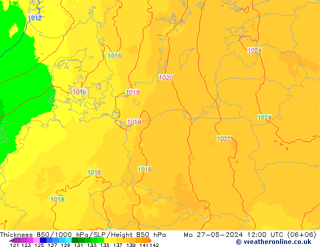 Thck 850-1000 hPa UK-Global  27.05.2024 12 UTC