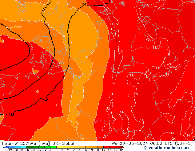 Theta-W 850hPa UK-Global wo 29.05.2024 06 UTC