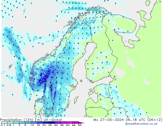 Precipitation (12h) UK-Global Po 27.05.2024 18 UTC