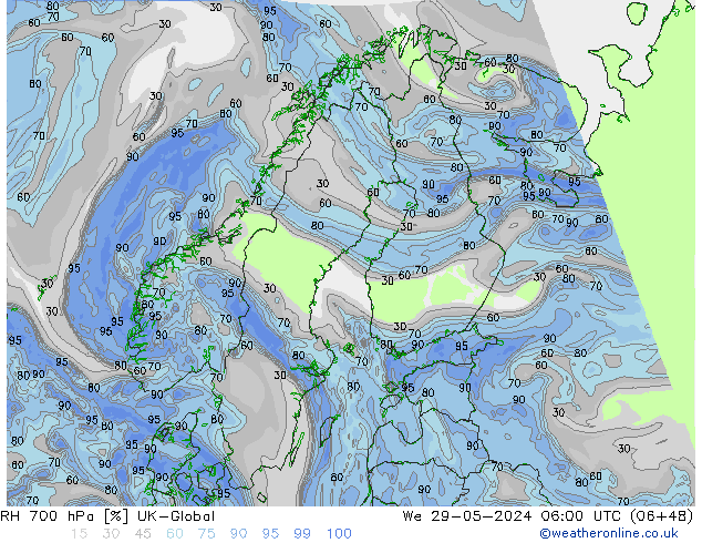 RH 700 hPa UK-Global mer 29.05.2024 06 UTC