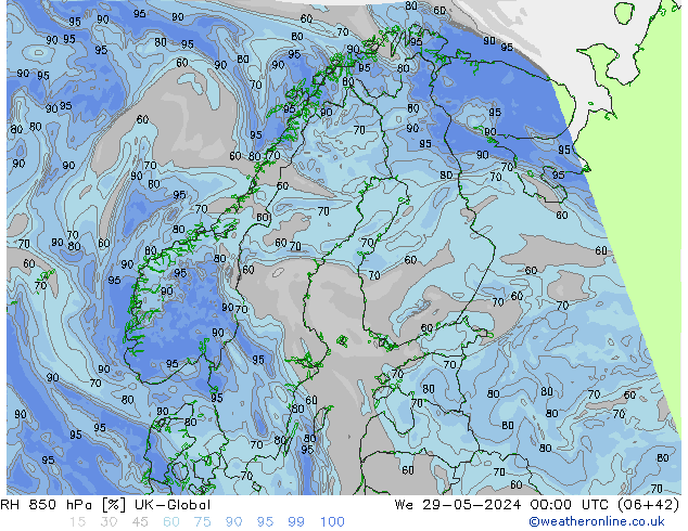 850 hPa Nispi Nem UK-Global Çar 29.05.2024 00 UTC