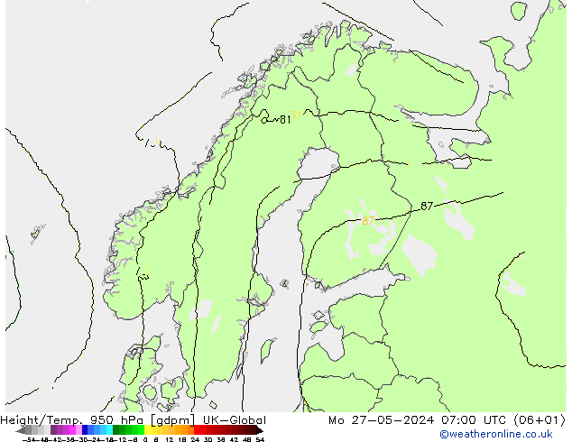 Géop./Temp. 950 hPa UK-Global lun 27.05.2024 07 UTC