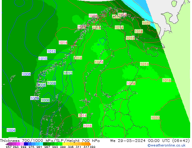 Espesor 700-1000 hPa UK-Global mié 29.05.2024 00 UTC