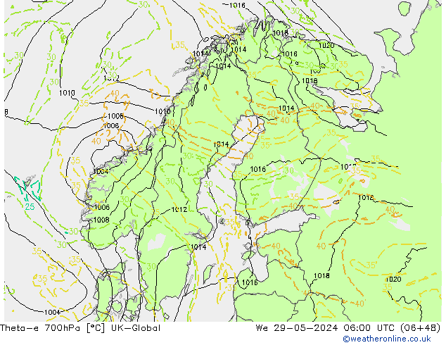 Theta-e 700hPa UK-Global Mi 29.05.2024 06 UTC