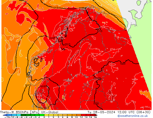 Theta-W 850hPa UK-Global Ter 28.05.2024 12 UTC