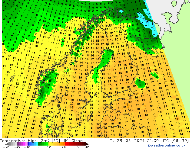 Temperatura máx. (2m) UK-Global mar 28.05.2024 21 UTC