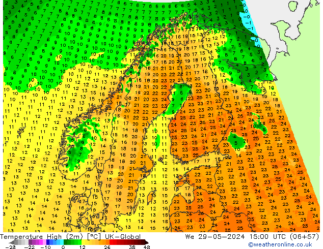 Temperatura máx. (2m) UK-Global mié 29.05.2024 15 UTC