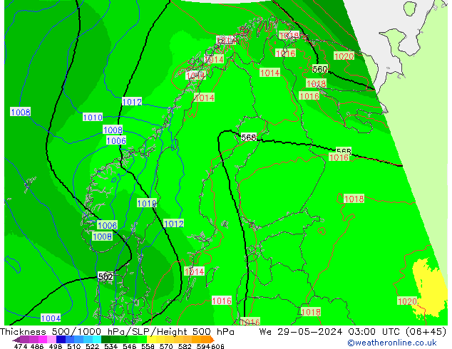 500-1000 hPa Kalınlığı UK-Global Çar 29.05.2024 03 UTC