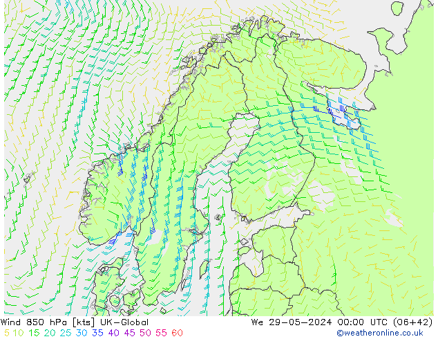 Wind 850 hPa UK-Global wo 29.05.2024 00 UTC