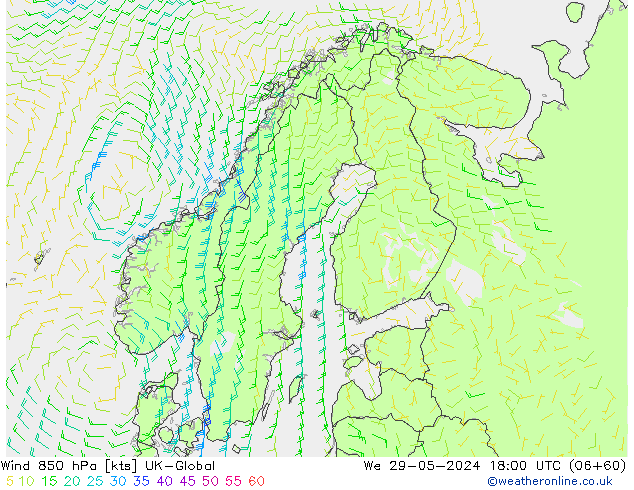 Wind 850 hPa UK-Global We 29.05.2024 18 UTC