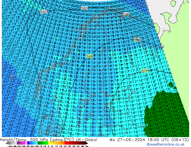 Height/Temp. 500 hPa UK-Global pon. 27.05.2024 18 UTC