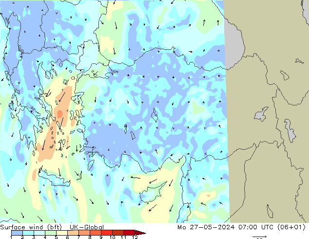 Surface wind (bft) UK-Global Mo 27.05.2024 07 UTC