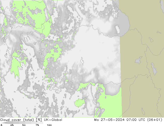 Nuages (total) UK-Global lun 27.05.2024 07 UTC