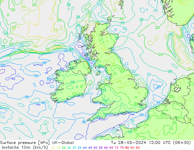 Isotachs (kph) UK-Global Tu 28.05.2024 12 UTC