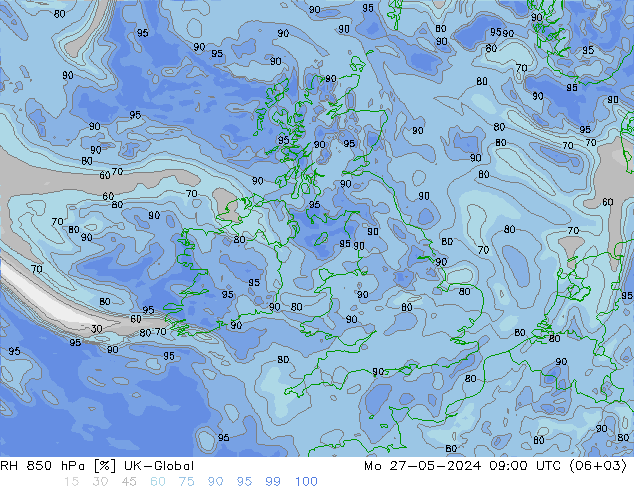 RH 850 hPa UK-Global lun 27.05.2024 09 UTC