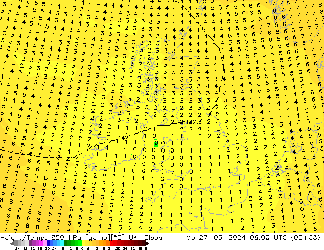 Height/Temp. 850 hPa UK-Global Mo 27.05.2024 09 UTC