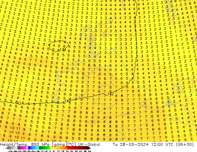 Height/Temp. 850 hPa UK-Global Út 28.05.2024 12 UTC