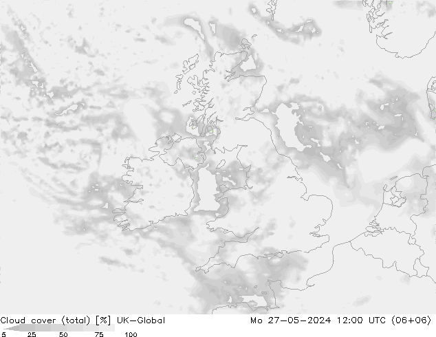 Cloud cover (total) UK-Global Po 27.05.2024 12 UTC