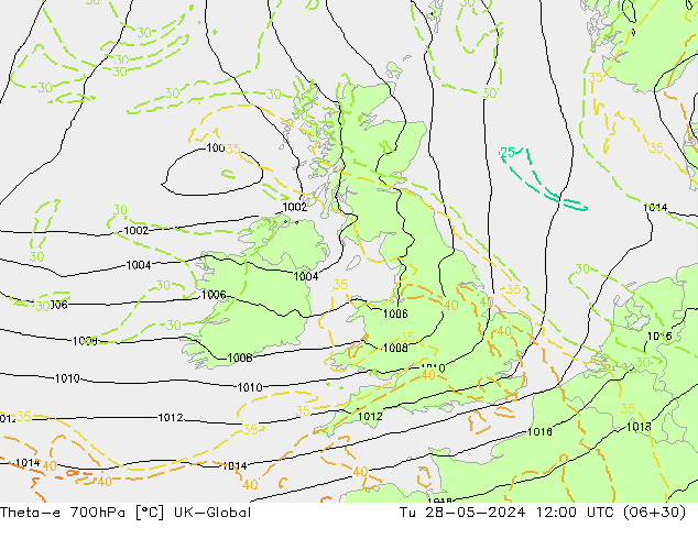 Theta-e 700hPa UK-Global Tu 28.05.2024 12 UTC