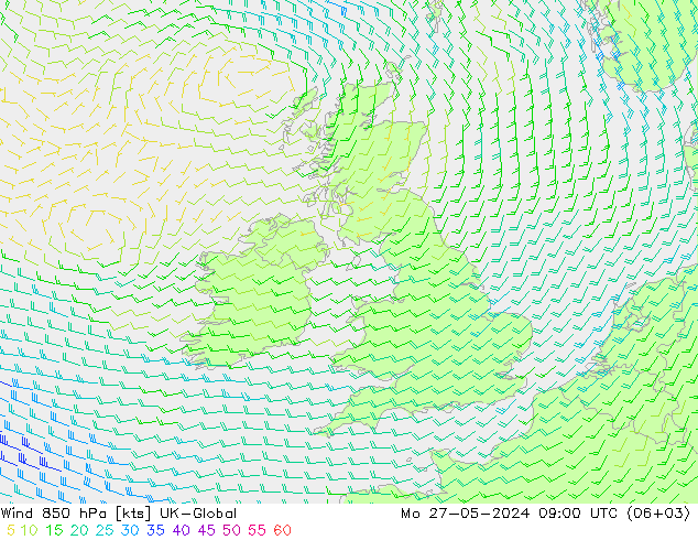 Wind 850 hPa UK-Global Mo 27.05.2024 09 UTC