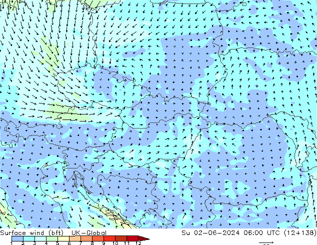 Surface wind (bft) UK-Global Su 02.06.2024 06 UTC
