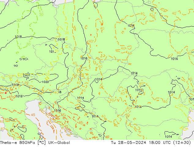 Theta-e 850hPa UK-Global Tu 28.05.2024 18 UTC