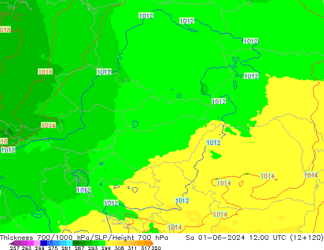 Espesor 700-1000 hPa UK-Global sáb 01.06.2024 12 UTC