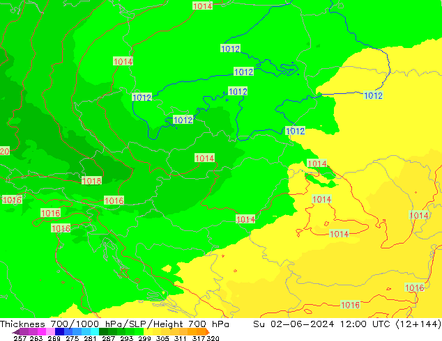 Thck 700-1000 hPa UK-Global dim 02.06.2024 12 UTC