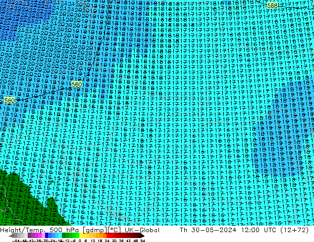 Height/Temp. 500 hPa UK-Global czw. 30.05.2024 12 UTC