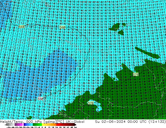 Height/Temp. 500 hPa UK-Global nie. 02.06.2024 00 UTC