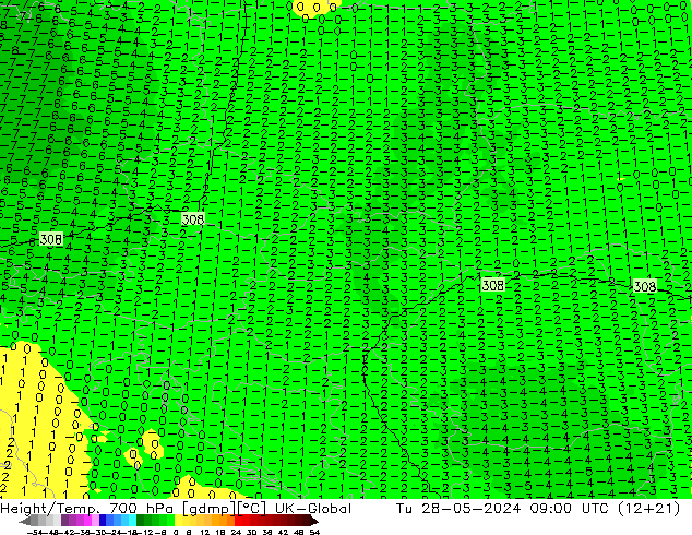 Height/Temp. 700 hPa UK-Global Tu 28.05.2024 09 UTC