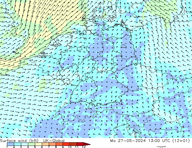 Surface wind (bft) UK-Global Mo 27.05.2024 13 UTC