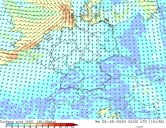 Surface wind (bft) UK-Global We 29.05.2024 03 UTC