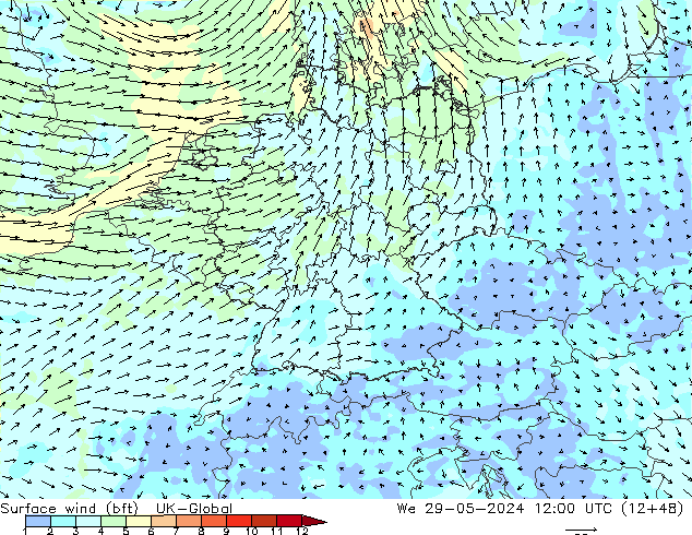 Vento 10 m (bft) UK-Global Qua 29.05.2024 12 UTC