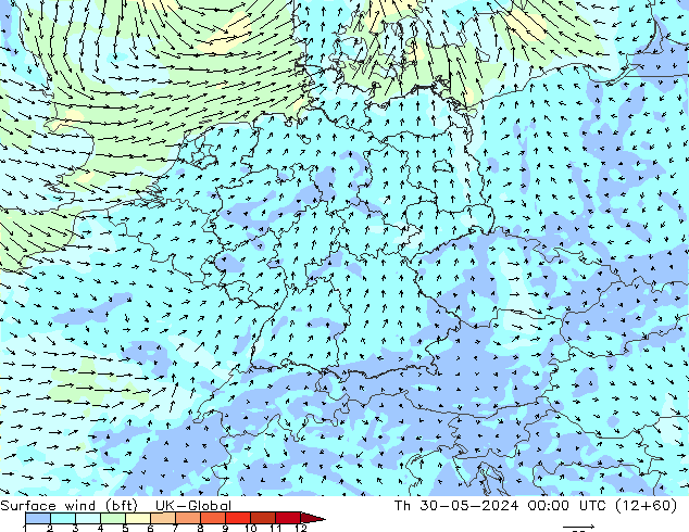 Surface wind (bft) UK-Global Th 30.05.2024 00 UTC