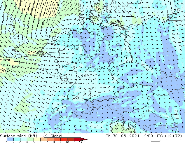 Surface wind (bft) UK-Global Th 30.05.2024 12 UTC