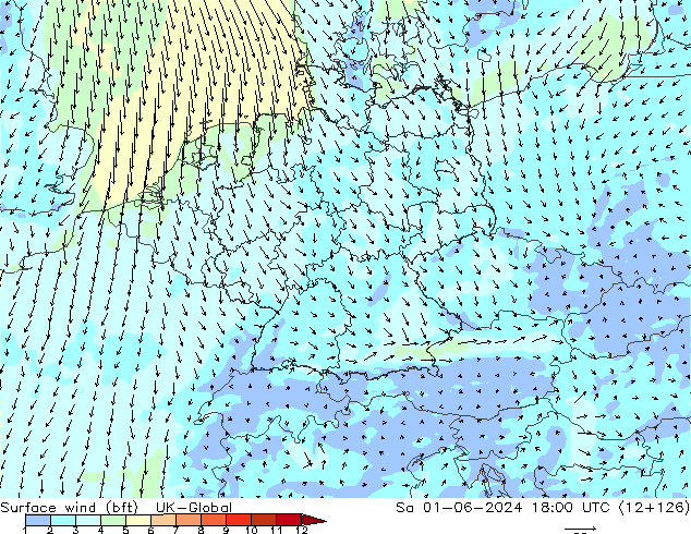 Rüzgar 10 m (bft) UK-Global Cts 01.06.2024 18 UTC
