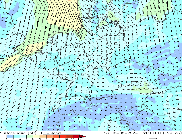 Surface wind (bft) UK-Global Ne 02.06.2024 18 UTC